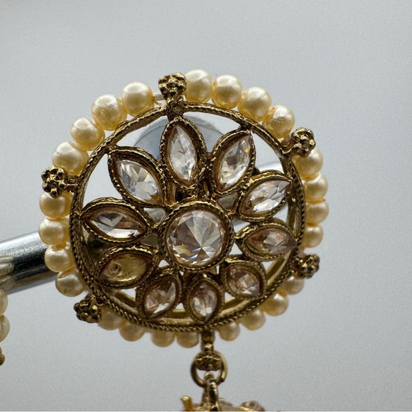 Vintage Gold Tone Jhumka Dangle Earrings 2.5” Faux Pearl Rhinestone Indian Style - Picture 3 of 8